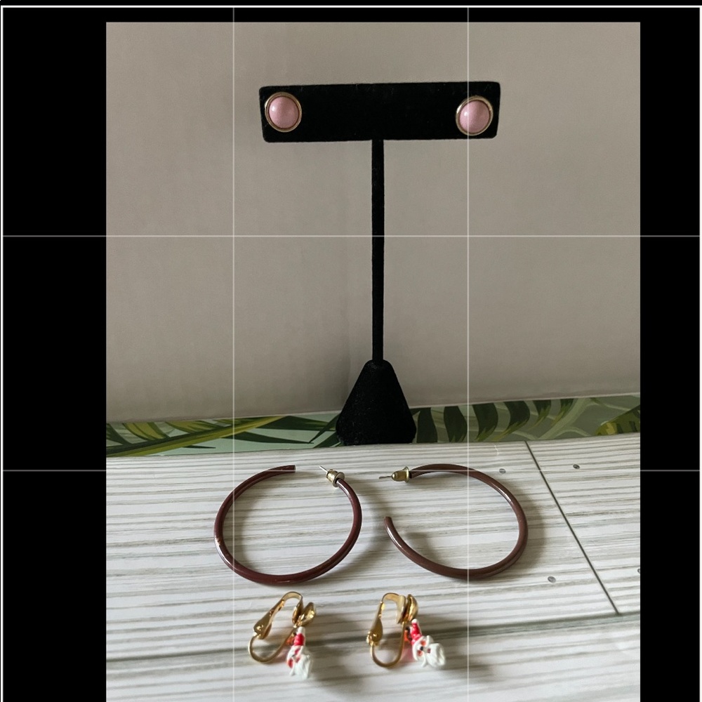 Brown metal open hoop, Purple bead post, Tiny snowman head clip on earrings